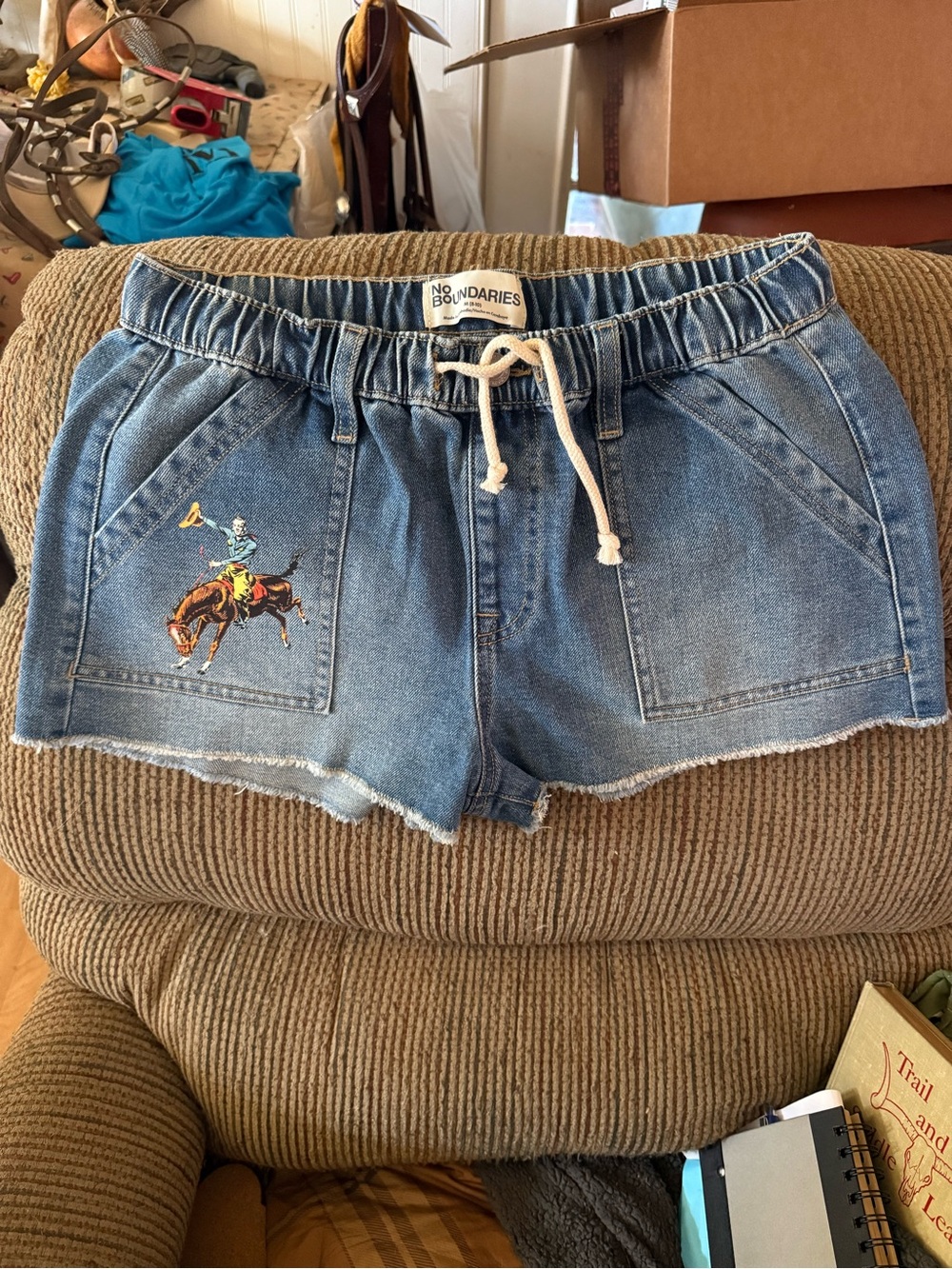 No Boundaries Blue Denim Drawstring Shorts Design by Sagebrush Dolls M fits 8-10